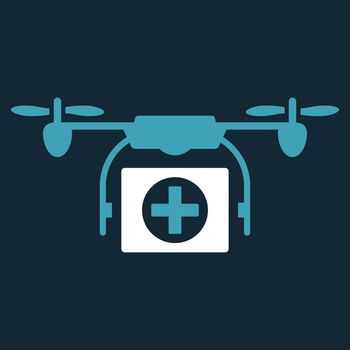Medical Drone raster icon. Style is bicolor flat symbol, blue and white colors, rounded angles, dark blue background.