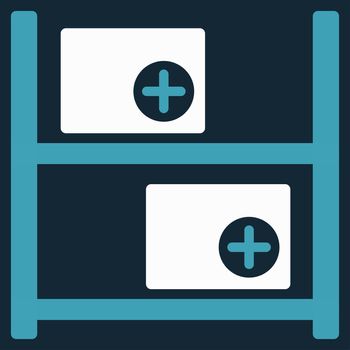 Medical Warehouse raster icon. Style is bicolor flat symbol, blue and white colors, rounded angles, dark blue background.