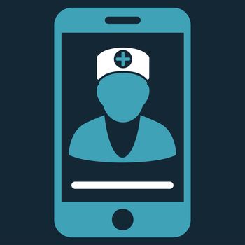 Online Doctor raster icon. Style is bicolor flat symbol, blue and white colors, rounded angles, dark blue background.
