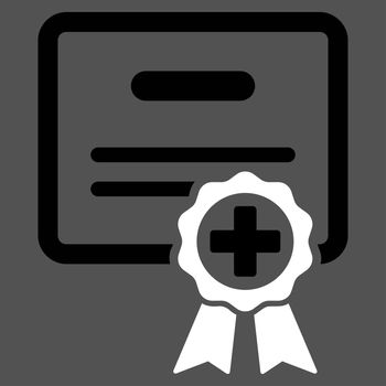 Certification raster icon. Style is bicolor flat symbol, black and white colors, rounded angles, gray background.