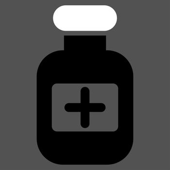Drugs Bottle raster icon. Style is bicolor flat symbol, black and white colors, rounded angles, gray background.