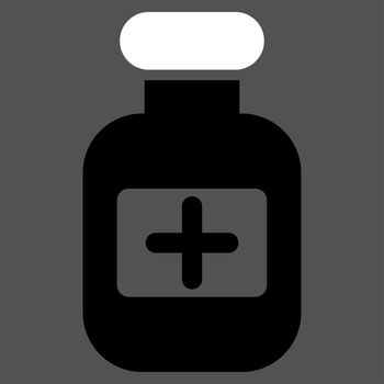 Drugs Bottle raster icon. Style is bicolor flat symbol, black and white colors, rounded angles, gray background.