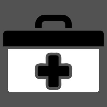 First Aid Toolbox raster icon. Style is bicolor flat symbol, black and white colors, rounded angles, gray background.