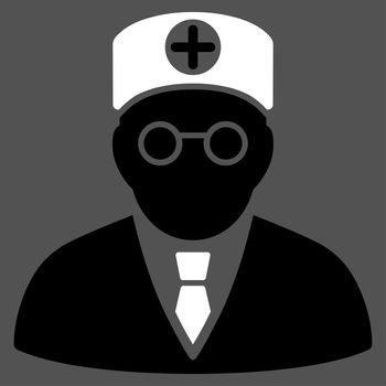 Head Physician raster icon. Style is bicolor flat symbol, black and white colors, rounded angles, gray background.