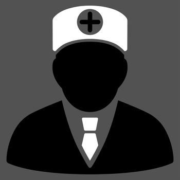 Head Physician raster icon. Style is bicolor flat symbol, black and white colors, rounded angles, gray background.