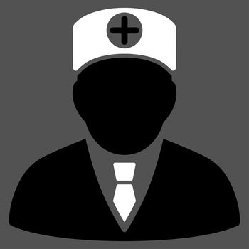 Head Physician raster icon. Style is bicolor flat symbol, black and white colors, rounded angles, gray background.