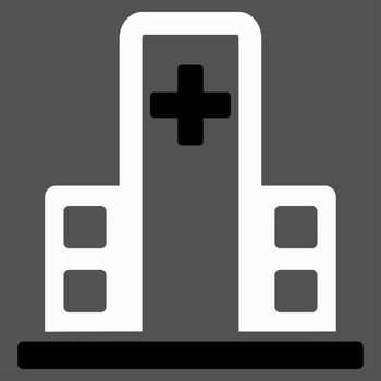 Hospital Building raster icon. Style is bicolor flat symbol, black and white colors, rounded angles, gray background.