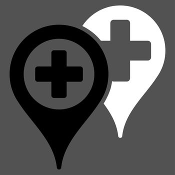 Hospital Map Markers raster icon. Style is bicolor flat symbol, black and white colors, rounded angles, gray background.