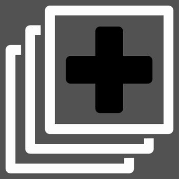 Medical Docs raster icon. Style is bicolor flat symbol, black and white colors, rounded angles, gray background.