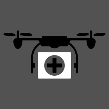 Medical Drone raster icon. Style is bicolor flat symbol, black and white colors, rounded angles, gray background.