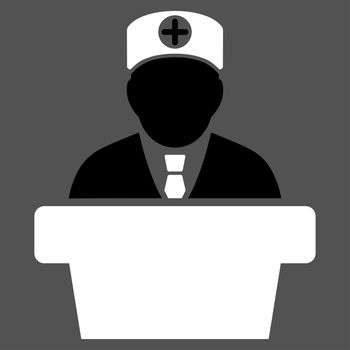 Medical Official Lecture raster icon. Style is bicolor flat symbol, black and white colors, rounded angles, gray background.