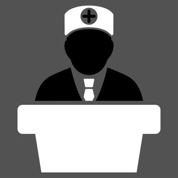 Medical Official Lecture raster icon. Style is bicolor flat symbol, black and white colors, rounded angles, gray background.