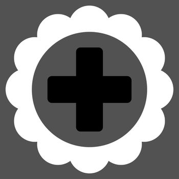 Medical Sticker raster icon. Style is bicolor flat symbol, black and white colors, rounded angles, gray background.