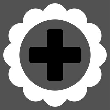Medical Sticker raster icon. Style is bicolor flat symbol, black and white colors, rounded angles, gray background.