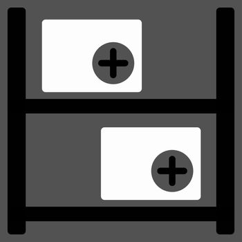 Medical Warehouse raster icon. Style is bicolor flat symbol, black and white colors, rounded angles, gray background.