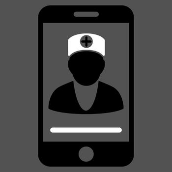 Online Doctor raster icon. Style is bicolor flat symbol, black and white colors, rounded angles, gray background.