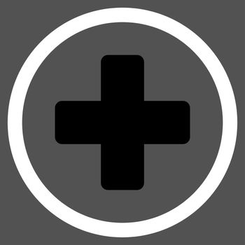Rounded Plus raster icon. Style is bicolor flat symbol, black and white colors, rounded angles, gray background.