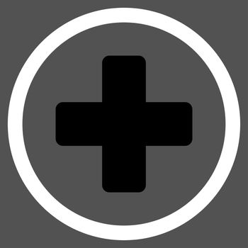 Rounded Plus raster icon. Style is bicolor flat symbol, black and white colors, rounded angles, gray background.