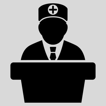 Medical Official Lecture raster icon. Style is flat symbol, black color, rounded angles, light gray background.