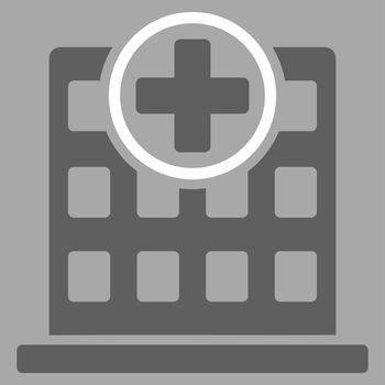 Clinic Building raster icon. Style is bicolor flat symbol, dark gray and white colors, rounded angles, silver background.