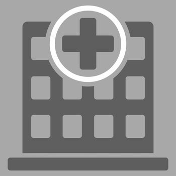 Clinic Building raster icon. Style is bicolor flat symbol, dark gray and white colors, rounded angles, silver background.