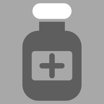 Drugs Bottle raster icon. Style is bicolor flat symbol, dark gray and white colors, rounded angles, silver background.