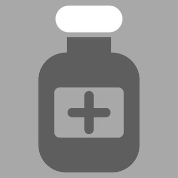 Drugs Bottle raster icon. Style is bicolor flat symbol, dark gray and white colors, rounded angles, silver background.