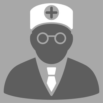 Head Physician raster icon. Style is bicolor flat symbol, dark gray and white colors, rounded angles, silver background.