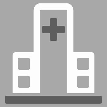 Hospital Building raster icon. Style is bicolor flat symbol, dark gray and white colors, rounded angles, silver background.