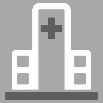 Hospital Building raster icon. Style is bicolor flat symbol, dark gray and white colors, rounded angles, silver background.