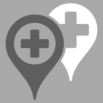Hospital Map Markers raster icon. Style is bicolor flat symbol, dark gray and white colors, rounded angles, silver background.