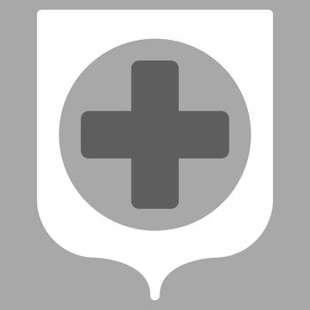 Medical Shield raster icon. Style is bicolor flat symbol, dark gray and white colors, rounded angles, silver background.