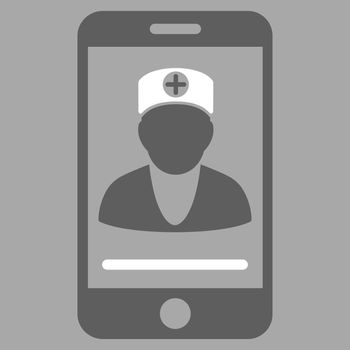 Online Doctor raster icon. Style is bicolor flat symbol, dark gray and white colors, rounded angles, silver background.