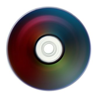 A metaphorical image of a spinning compact disc or DVD on an isolated white studio background.