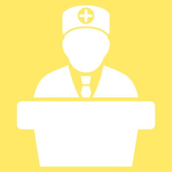 Medical Official Lecture raster icon. Style is flat symbol, white color, rounded angles, yellow background.