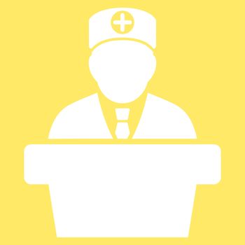 Medical Official Lecture raster icon. Style is flat symbol, white color, rounded angles, yellow background.