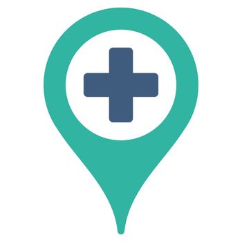 Hospital Map Pointer raster icon. Style is bicolor flat symbol, cobalt and cyan colors, rounded angles, white background.