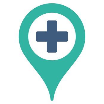 Hospital Map Pointer raster icon. Style is bicolor flat symbol, cobalt and cyan colors, rounded angles, white background.