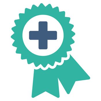 Medical Quality Seal raster icon. Style is bicolor flat symbol, cobalt and cyan colors, rounded angles, white background.