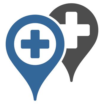Hospital Map Markers raster icon. Style is bicolor flat symbol, cobalt and gray colors, rounded angles, white background.