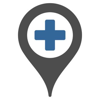 Hospital Map Pointer raster icon. Style is bicolor flat symbol, cobalt and gray colors, rounded angles, white background.