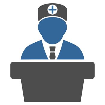 Medical Official Lecture raster icon. Style is bicolor flat symbol, cobalt and gray colors, rounded angles, white background.