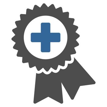 Medical Quality Seal raster icon. Style is bicolor flat symbol, cobalt and gray colors, rounded angles, white background.