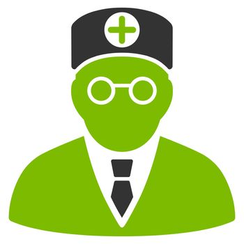 Head Physician raster icon. Style is bicolor flat symbol, eco green and gray colors, rounded angles, white background.