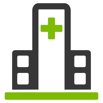 Hospital Building raster icon. Style is bicolor flat symbol, eco green and gray colors, rounded angles, white background.