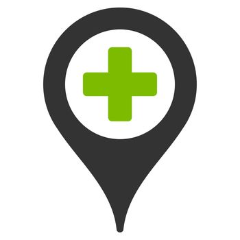 Hospital Map Pointer raster icon. Style is bicolor flat symbol, eco green and gray colors, rounded angles, white background.