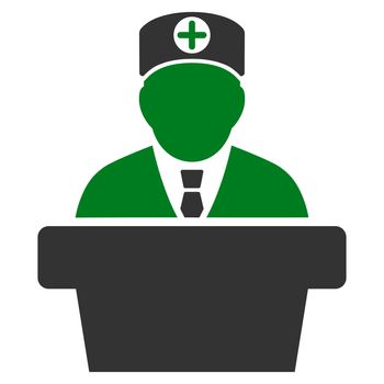 Medical Official Lecture raster icon. Style is bicolor flat symbol, green and gray colors, rounded angles, white background.