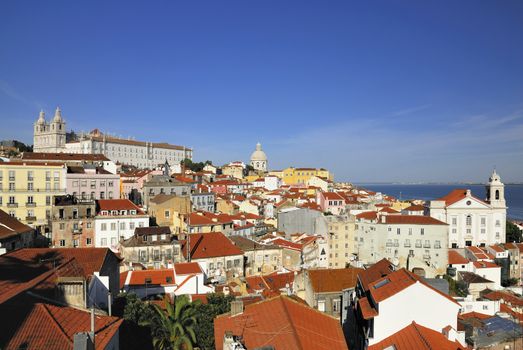 Panorama of old traditional city of Lisbon with red roofs and view of river Tagus.