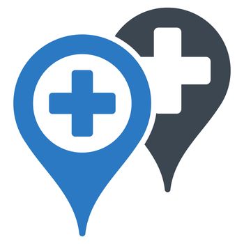 Hospital Map Markers raster icon. Style is bicolor flat symbol, smooth blue colors, rounded angles, white background.