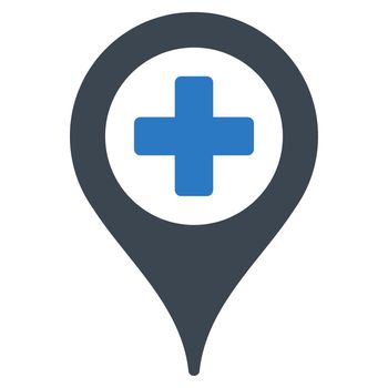 Hospital Map Pointer raster icon. Style is bicolor flat symbol, smooth blue colors, rounded angles, white background.